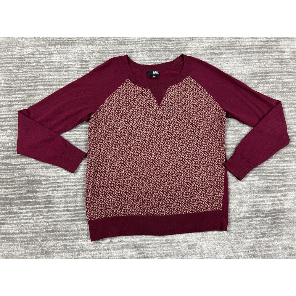 a.n.a Sweater Womens Medium Burgundy Metallic Gold Raglan Long Sleeve Crew Neck
